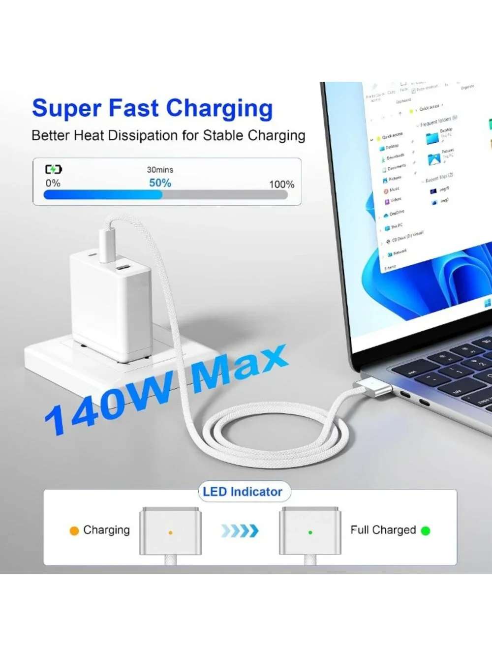140W Magnetic USB-C Charging Cable for MacBook, 6.6FT Fast Charge, Durable